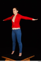  Rania black high heels blue jeans calling casual dressed pink top red jacket standing t poses whole body 0002.jpg